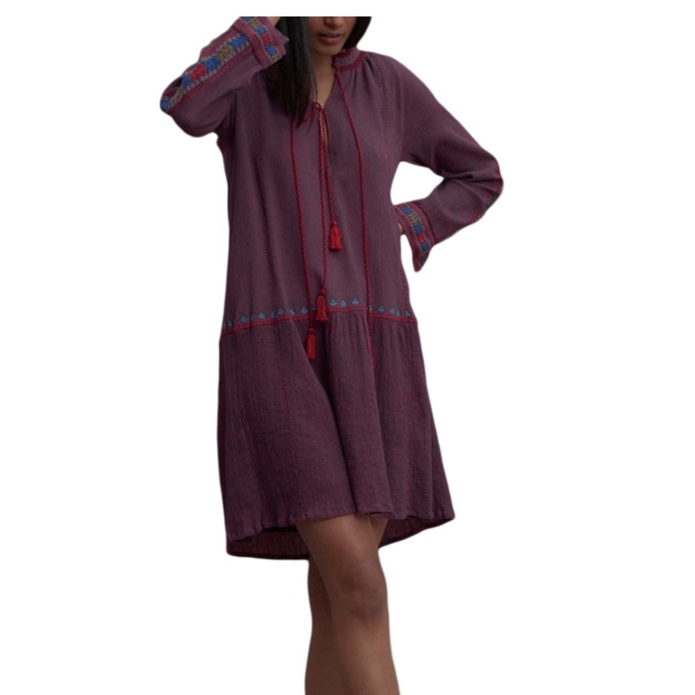 Roller Rabbit Purple Cotton Gauze Embroidered Tassel Tunic Dress XS Long Sleeve